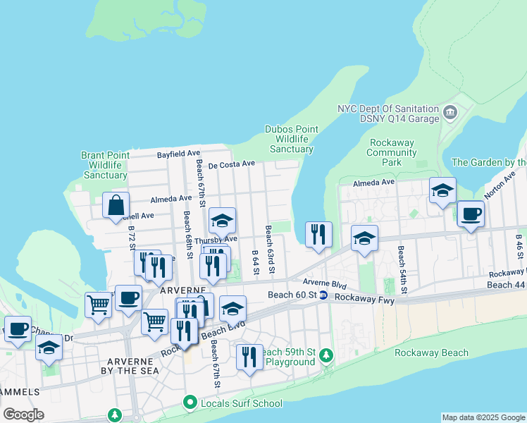 map of restaurants, bars, coffee shops, grocery stores, and more near 62-34 Elizabeth Road in Queens