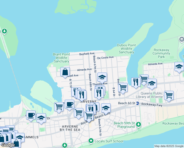 map of restaurants, bars, coffee shops, grocery stores, and more near 5-33 Beach 67th Street in Queens