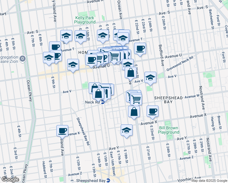 map of restaurants, bars, coffee shops, grocery stores, and more near 1803 Gravesend Neck Road in Brooklyn