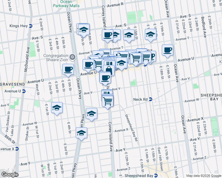 map of restaurants, bars, coffee shops, grocery stores, and more near 1110 Avenue V in Brooklyn