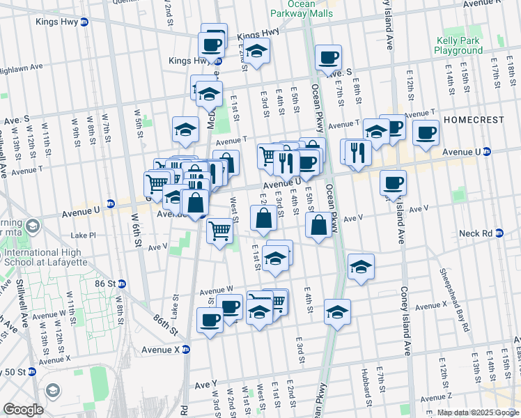 map of restaurants, bars, coffee shops, grocery stores, and more near 2190 East 2nd Street in Brooklyn