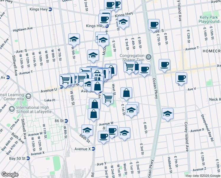 map of restaurants, bars, coffee shops, grocery stores, and more near 2299 McDonald Avenue in Brooklyn