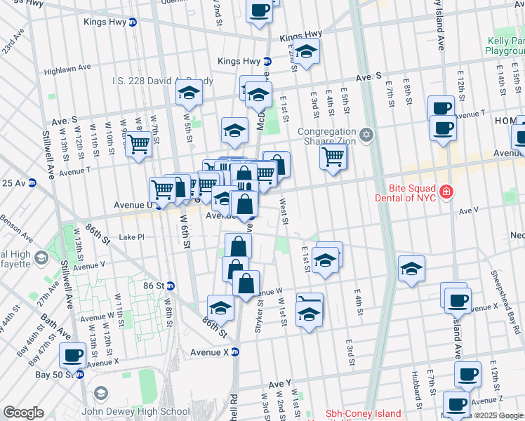 map of restaurants, bars, coffee shops, grocery stores, and more near 2299 McDonald Avenue in Brooklyn