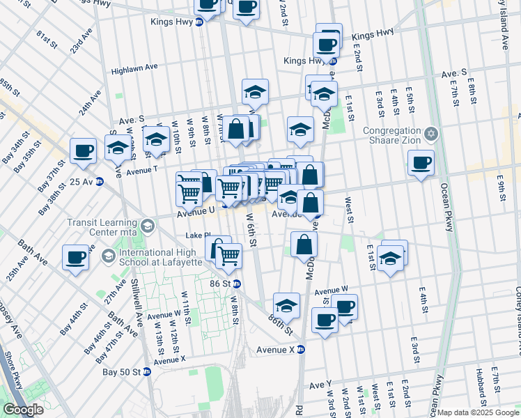 map of restaurants, bars, coffee shops, grocery stores, and more near 2119 West 6th Street in Brooklyn