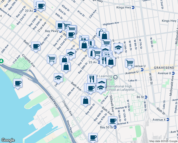 map of restaurants, bars, coffee shops, grocery stores, and more near 8689 25th Avenue in Brooklyn