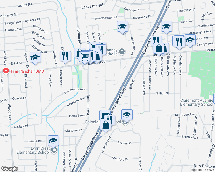 map of restaurants, bars, coffee shops, grocery stores, and more near 96 West Street in Woodbridge Township