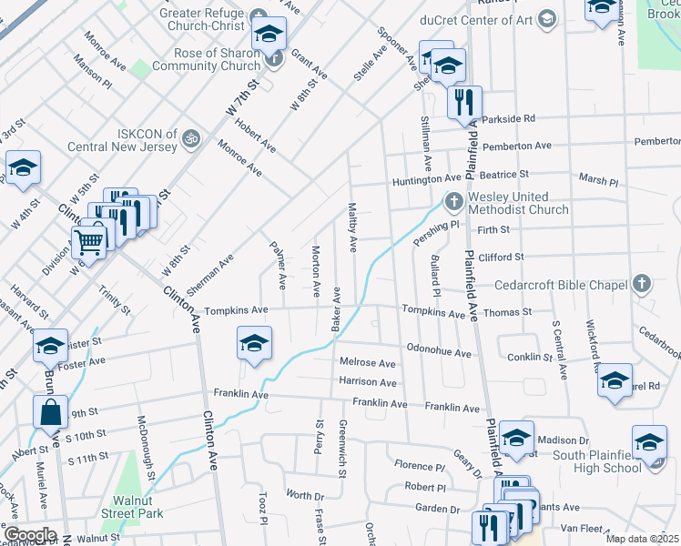 map of restaurants, bars, coffee shops, grocery stores, and more near 169 Baker Avenue in South Plainfield