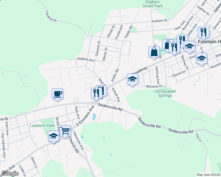 map of restaurants, bars, coffee shops, grocery stores, and more near 605 Scholl Avenue in Bethlehem
