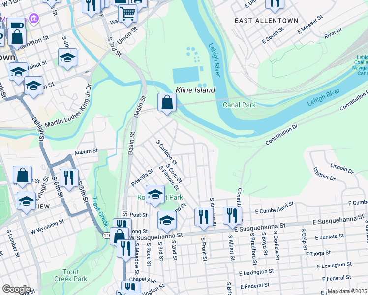 map of restaurants, bars, coffee shops, grocery stores, and more near 15 Cleveland Street in Allentown