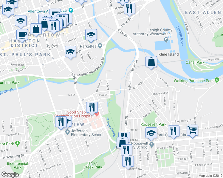 map of restaurants, bars, coffee shops, grocery stores, and more near 398 Auburn Street in Allentown