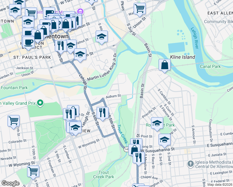 map of restaurants, bars, coffee shops, grocery stores, and more near in Allentown