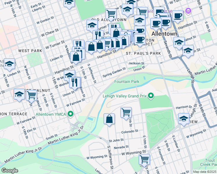 map of restaurants, bars, coffee shops, grocery stores, and more near 1147 Martin Luther King Junior Drive in Allentown
