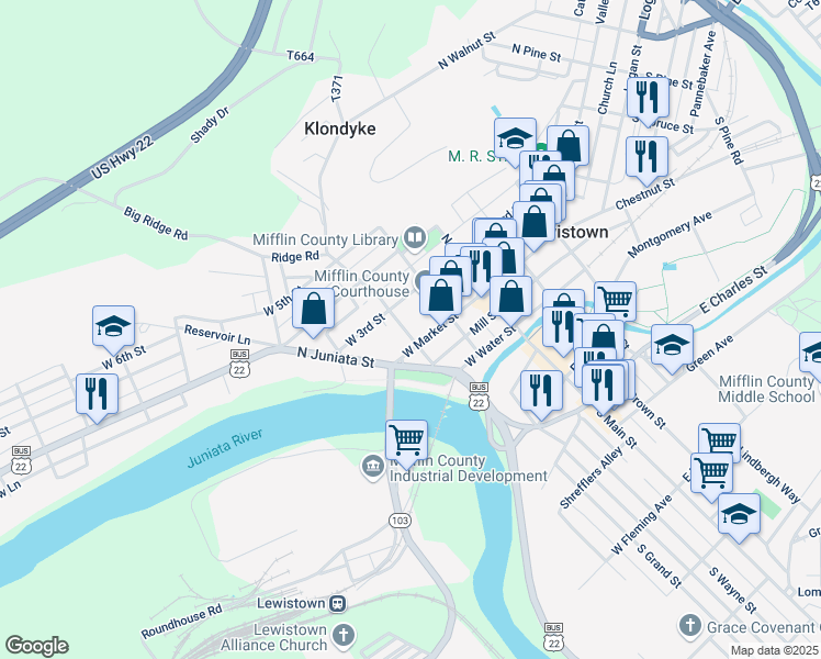 map of restaurants, bars, coffee shops, grocery stores, and more near 5 North Grand Street in Lewistown