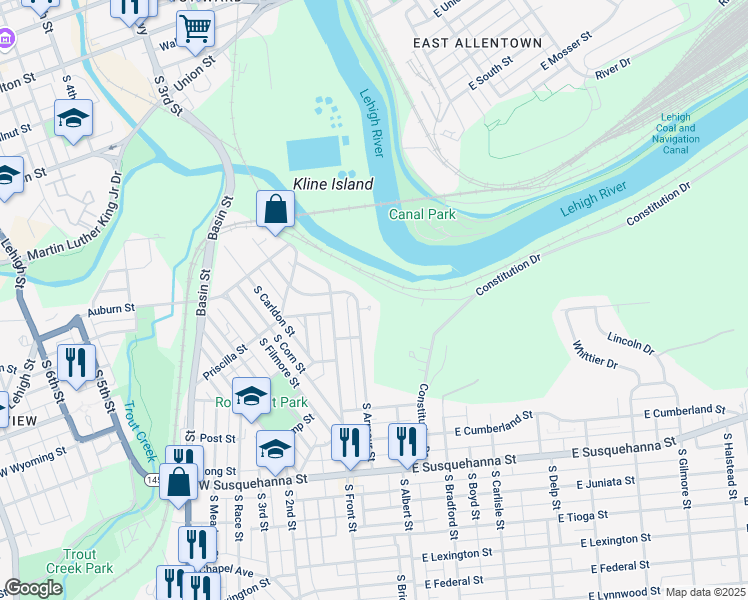 map of restaurants, bars, coffee shops, grocery stores, and more near 40 Armour Court in Allentown
