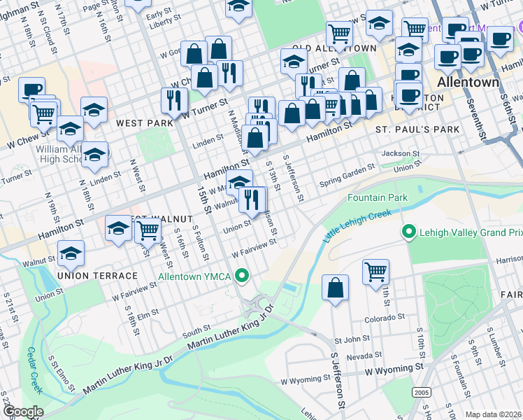 map of restaurants, bars, coffee shops, grocery stores, and more near 139 South 14th Street in Allentown