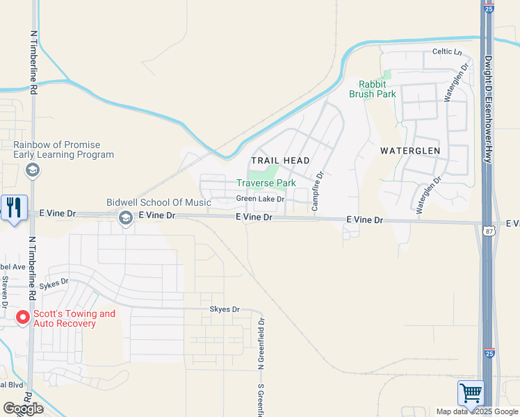 map of restaurants, bars, coffee shops, grocery stores, and more near 3325 Green Lake Drive in Fort Collins