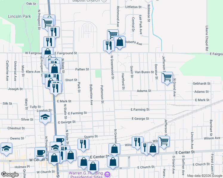 map of restaurants, bars, coffee shops, grocery stores, and more near 449 North Greenwood Street in Marion
