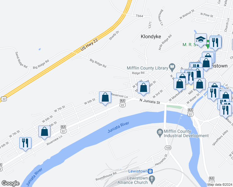 map of restaurants, bars, coffee shops, grocery stores, and more near 362 West 5th Street in Lewistown