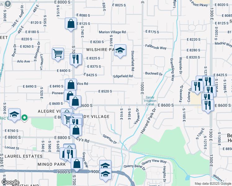 map of restaurants, bars, coffee shops, grocery stores, and more near 8526 Nutwood Circle in Sandy