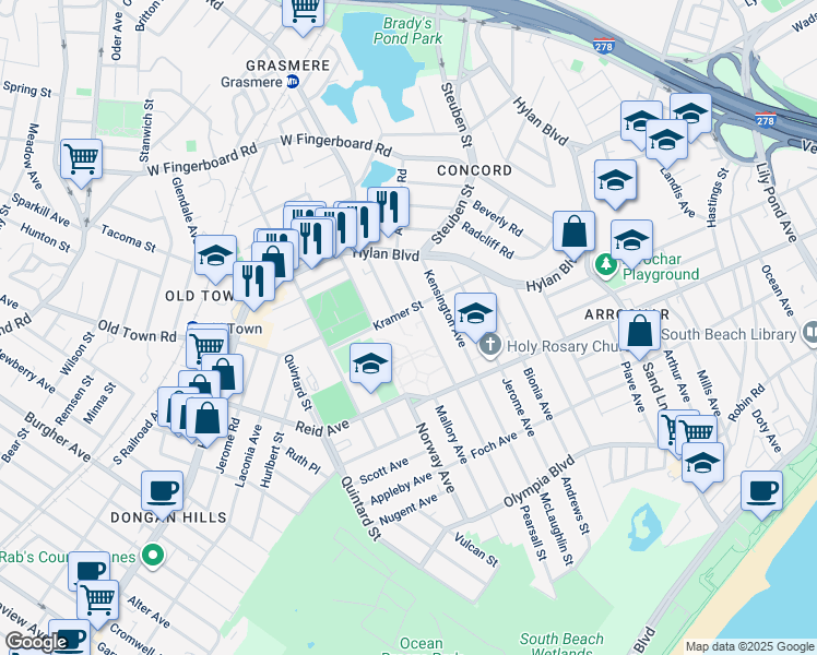 map of restaurants, bars, coffee shops, grocery stores, and more near 106 Kramer Street in Staten Island