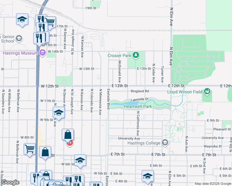 map of restaurants, bars, coffee shops, grocery stores, and more near 1100-1162 Eastside Boulevard in Hastings
