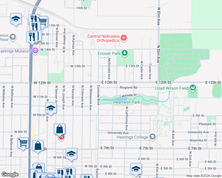 map of restaurants, bars, coffee shops, grocery stores, and more near 139 Ringland Road in Hastings
