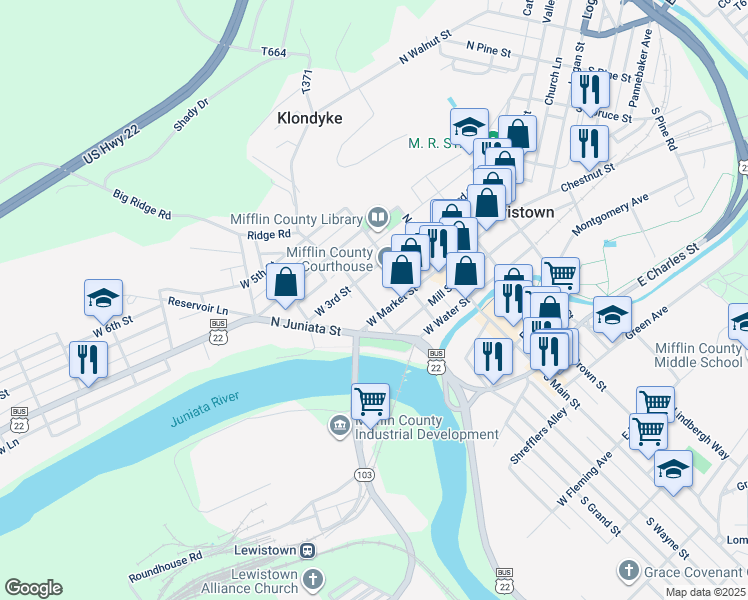 map of restaurants, bars, coffee shops, grocery stores, and more near 5 North Grand Street in Lewistown