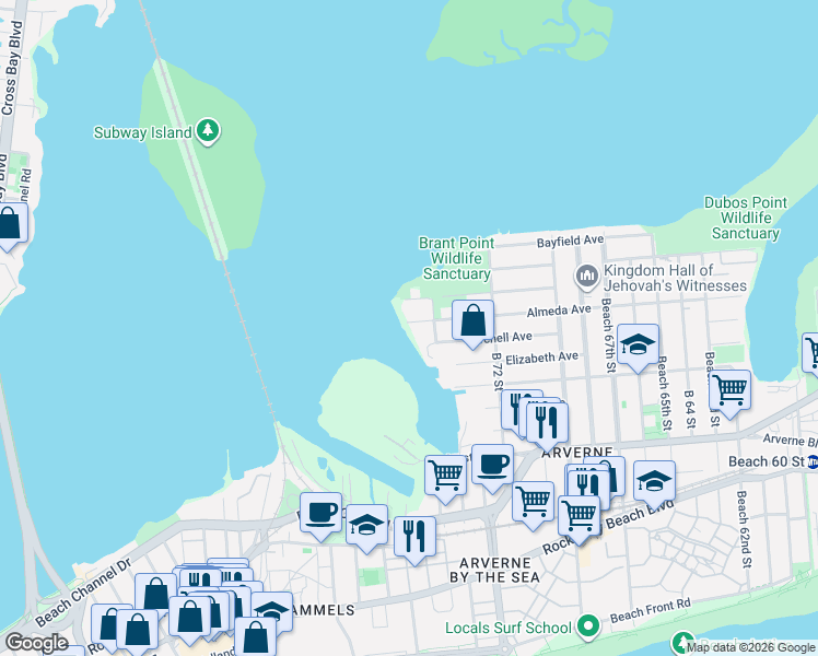 map of restaurants, bars, coffee shops, grocery stores, and more near 7423 Almeda Avenue in Queens