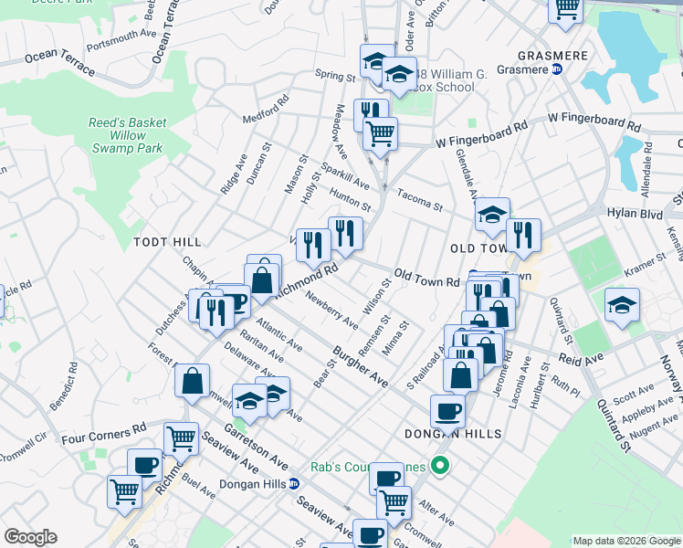 map of restaurants, bars, coffee shops, grocery stores, and more near 12 Whitaker Place in Staten Island