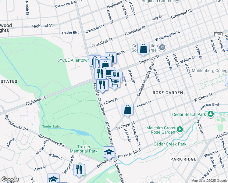 map of restaurants, bars, coffee shops, grocery stores, and more near 3070 Tilghman Street in Allentown