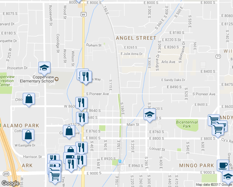 map of restaurants, bars, coffee shops, grocery stores, and more near 283 East Pioneer Avenue in Sandy