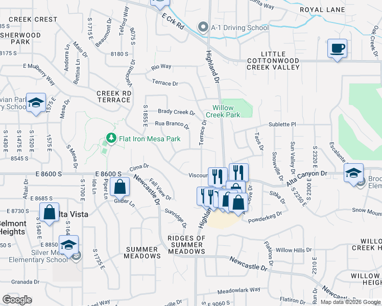 map of restaurants, bars, coffee shops, grocery stores, and more near 1990 Terra Vista Way in Sandy