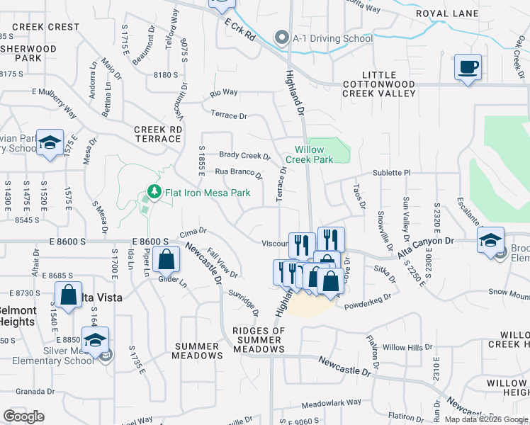 map of restaurants, bars, coffee shops, grocery stores, and more near 1990 Terra Vista Way in Sandy