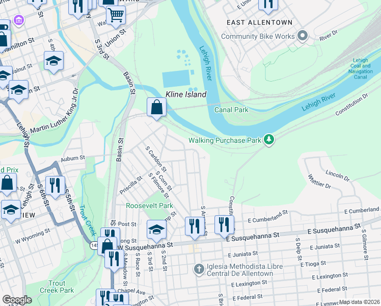 map of restaurants, bars, coffee shops, grocery stores, and more near 714 South Armour Street in Allentown
