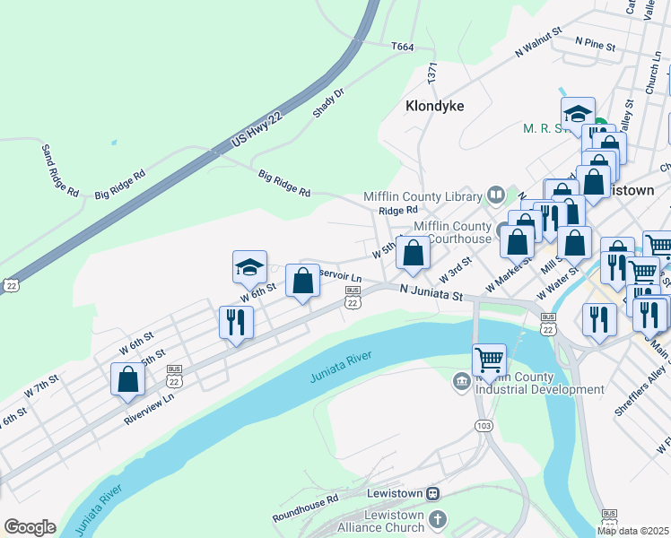 map of restaurants, bars, coffee shops, grocery stores, and more near 362 West 5th Street in Lewistown