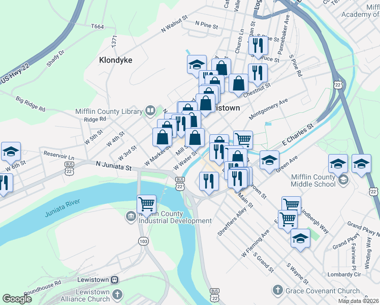 map of restaurants, bars, coffee shops, grocery stores, and more near 2-66 West Water Street in Lewistown