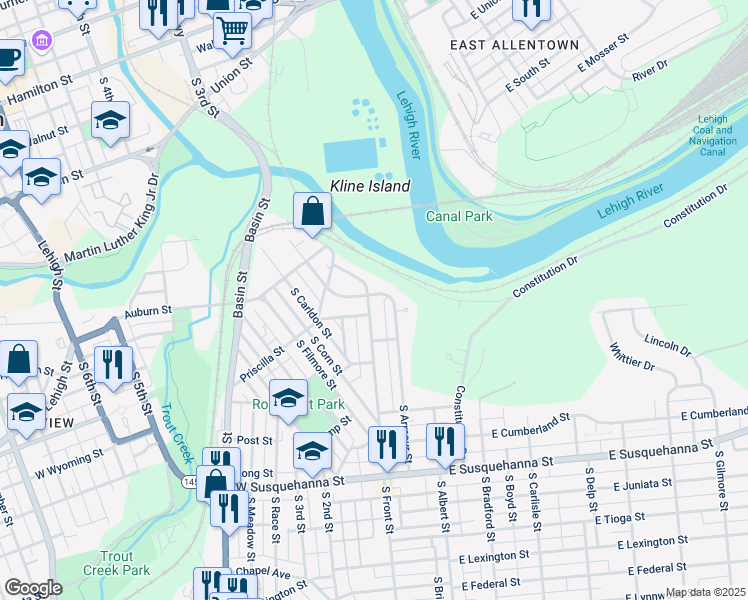 map of restaurants, bars, coffee shops, grocery stores, and more near 714 South Armour Street in Allentown