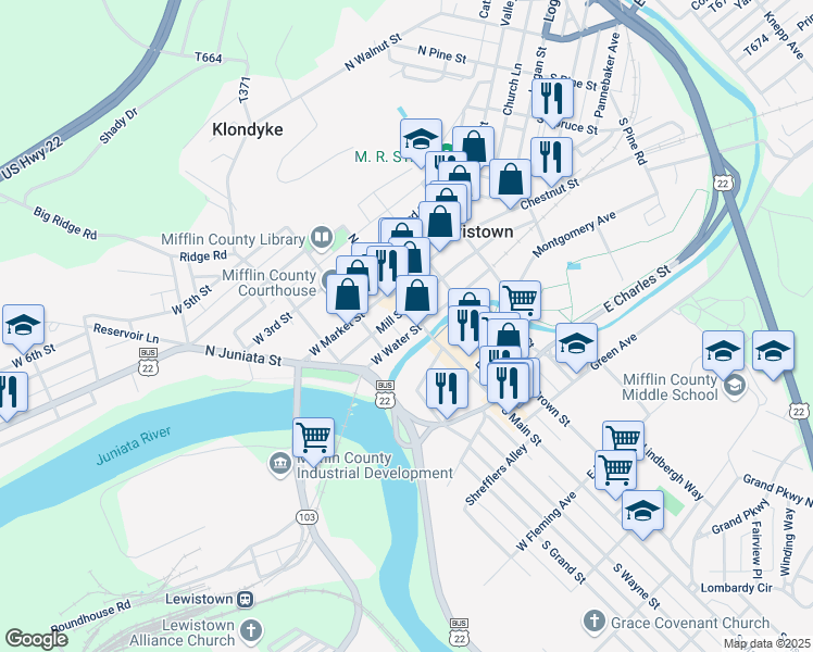 map of restaurants, bars, coffee shops, grocery stores, and more near 18 South Main Street in Lewistown