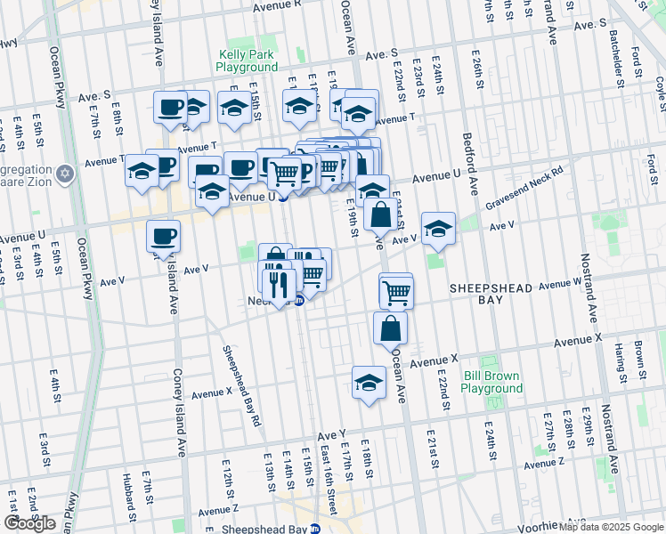 map of restaurants, bars, coffee shops, grocery stores, and more near 2222 East 18th Street in Brooklyn