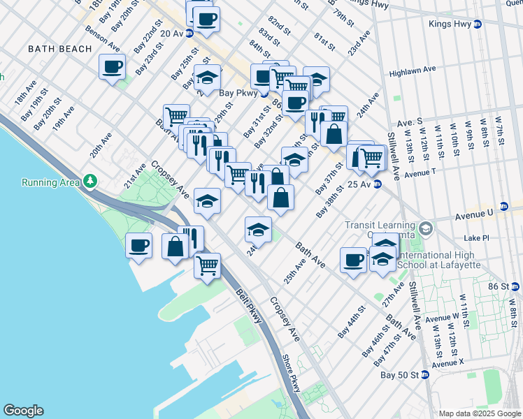 map of restaurants, bars, coffee shops, grocery stores, and more near 2355 Bath Avenue in Brooklyn