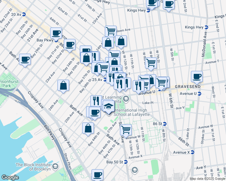 map of restaurants, bars, coffee shops, grocery stores, and more near 8636 26th Avenue in Brooklyn