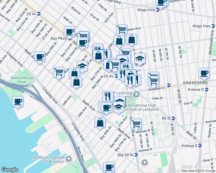 map of restaurants, bars, coffee shops, grocery stores, and more near 63 Bay 40th Street in Brooklyn