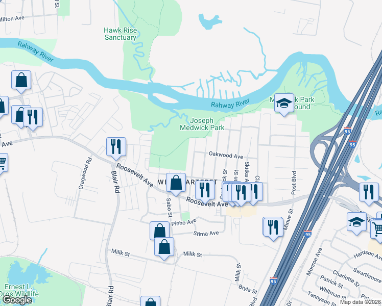 map of restaurants, bars, coffee shops, grocery stores, and more near 78 Bernard Street in Carteret