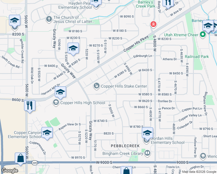 map of restaurants, bars, coffee shops, grocery stores, and more near 5112 West 8430 South in West Jordan