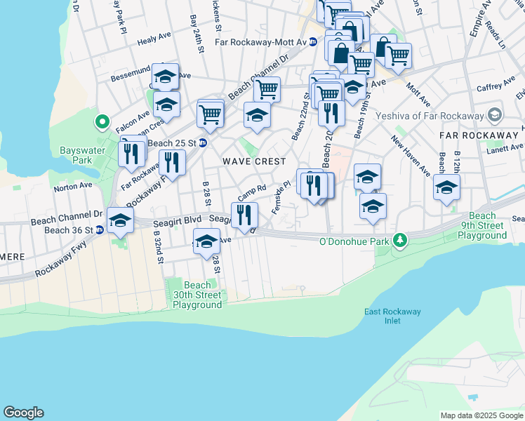 map of restaurants, bars, coffee shops, grocery stores, and more near 2-29 Fernside Place in Queens