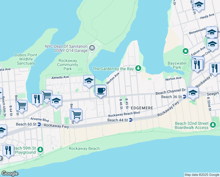map of restaurants, bars, coffee shops, grocery stores, and more near 418 Beach 48th Street in Queens