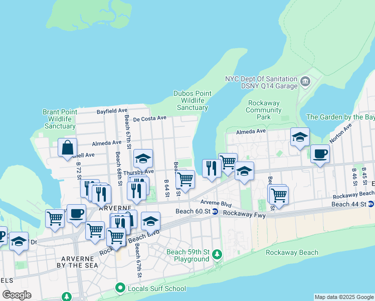 map of restaurants, bars, coffee shops, grocery stores, and more near 62-08 Elizabeth Road in Queens