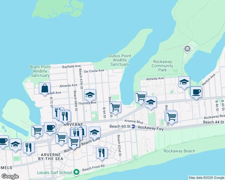 map of restaurants, bars, coffee shops, grocery stores, and more near 62-34 Elizabeth Road in Queens