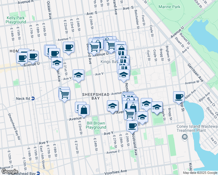 map of restaurants, bars, coffee shops, grocery stores, and more near 2280 East 27th Street in Brooklyn