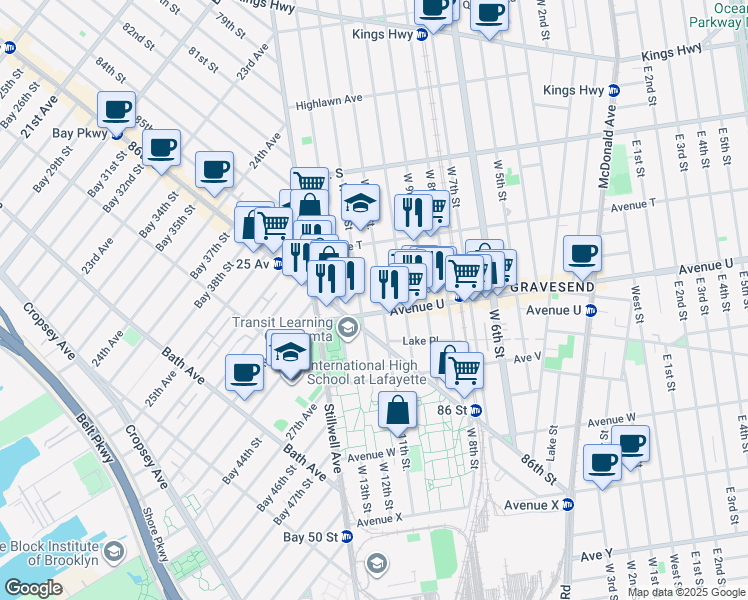 map of restaurants, bars, coffee shops, grocery stores, and more near 39 Avenue U in Brooklyn
